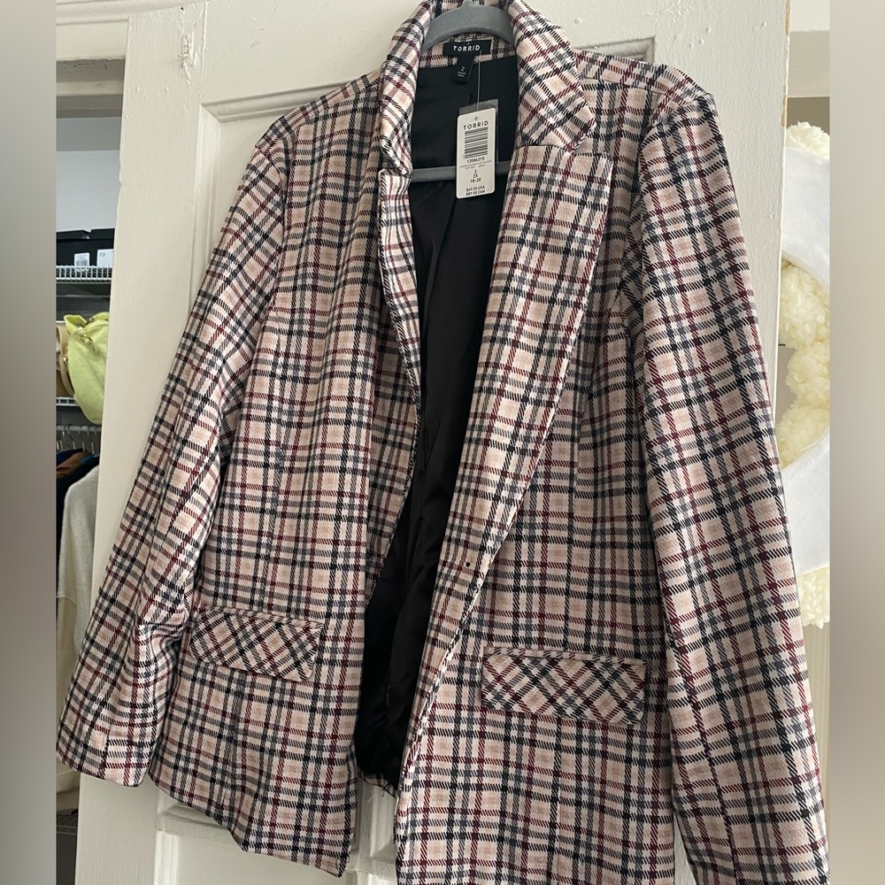 Torrid Light Taupe Plaid Double Knit Blazer
